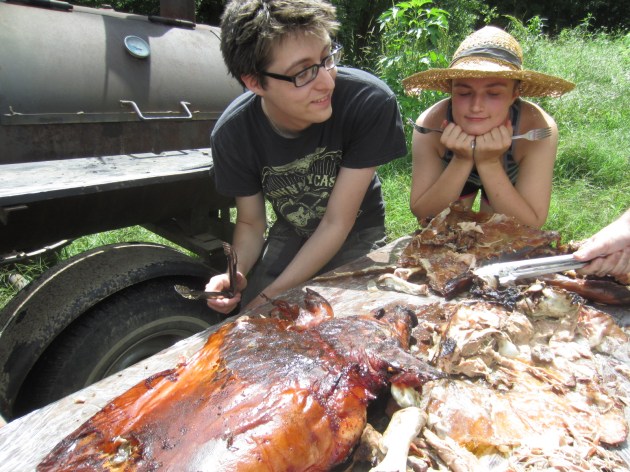 Dan and I helped turn the whole smoked hog into pulled pork for sandwiches.