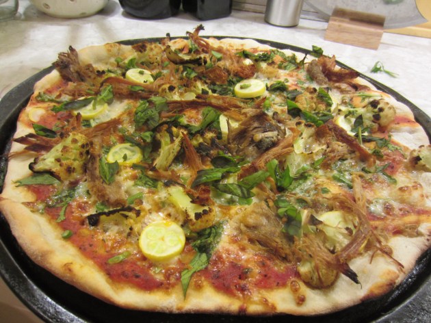 Homestead Pizza! All home-grown toppings: roasted cauliflower, pulled pork, garlic scapes, mizuna, summer squash and fresh basil