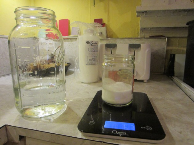 Measure carefully, then pour the lye into the water. 