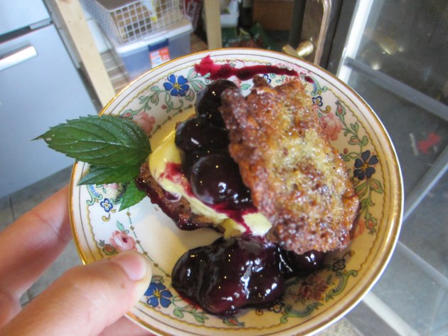 Sugar beets grown on the farm were grated and dried to make these crisp, yet chewy cookies. The blueberries in the compote were locally sourced, and the lemon-lavender ice cream was made here from eggs and cream