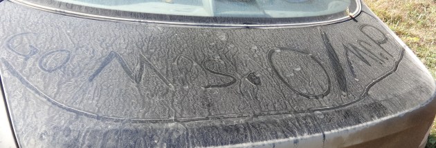 When we left the school at 12:30 am, we found this dirt-graffiti on our ride.